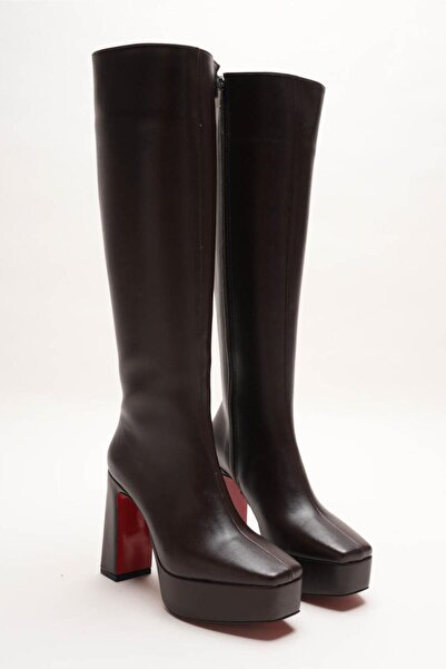 Ayakkabı Ateşi Kahverengi Cilt Platform Tasarım Kadın Çizme Orta Topuklu Ayak...