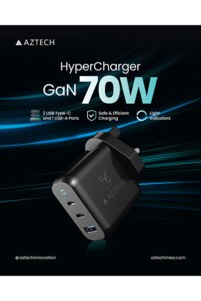 Aztech UK 70W Super Fast Charge Type C, USB and USB-a Ports Phone Charger USB C Cable For Iphone