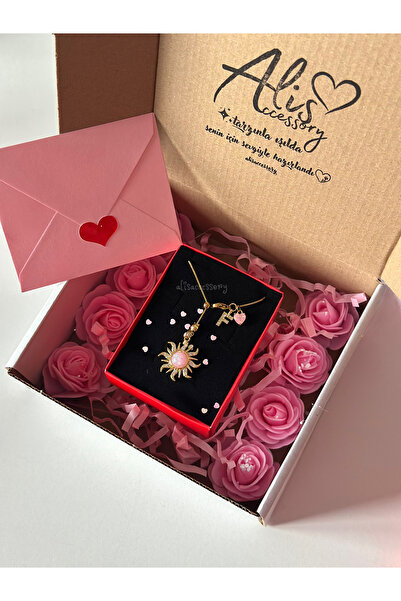 Alis Accessory Pembe güneş kolye özel kartlı güllü kutuda