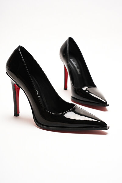 Ayakkabı Ateşi حذاء بكعب ستيليتو أسود من الجلد اللامع بمقدمة مدببة، حذاء نسائ...