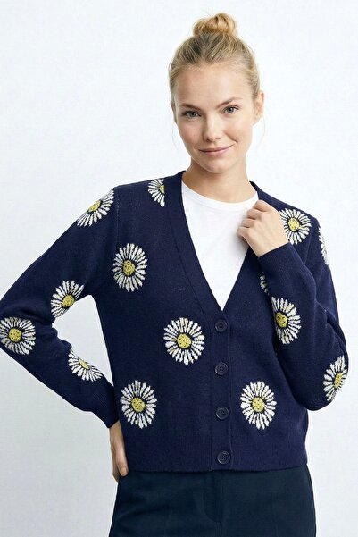 lamea Kadın Çiçek Desenli Düğmeli Triko Hırka – Rahat Kesim Kadın Hırka -Laci...