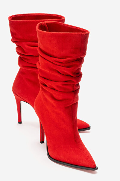 Ayakkabı Ateşi Büzgülü Kadın Bot Kırmızı Süet Sivri Burun İnce Topuklu Körükl...