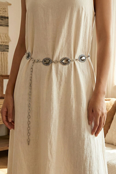 Duke Nickle Curea de damă, argintie, cu 3 piese, cu detaliu de piatră, cu fig...