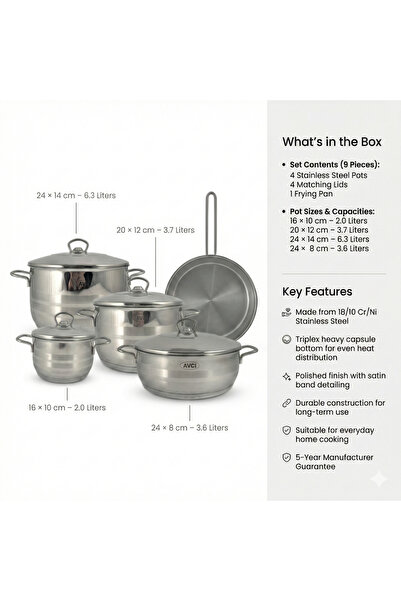 AVCI HOME MAKER طقم أواني طهي أستر مكون من 9 قطع - مصنوع من الفولاذ المقاوم ل...