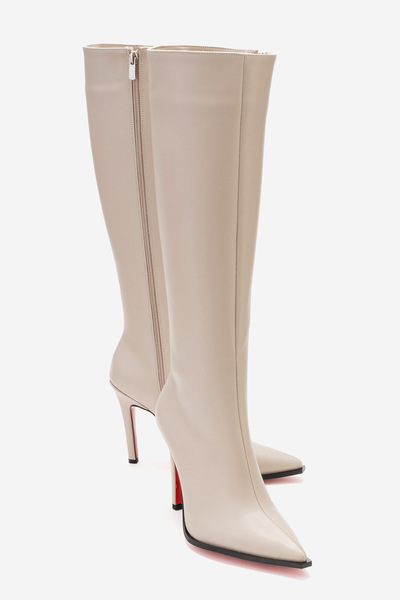 Ayakkabı Ateşi Kadın Diz Altı Fermuarlı İnce Topuklu Çizme Yoran Bej Cilt