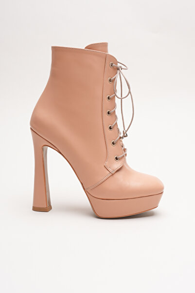 Ayakkabı Ateşi Kadın Bağcıklı Fermuarlı Yüksek Topuklu Bot Viole Nude Cilt