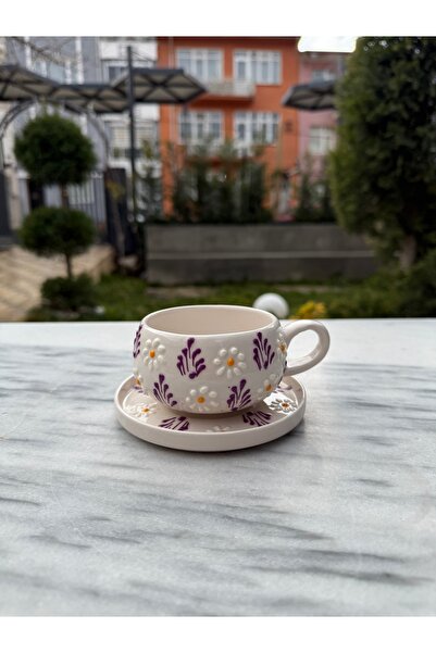 evlashop كوب/طبق سيراميك منقوش بنقشة البابونج