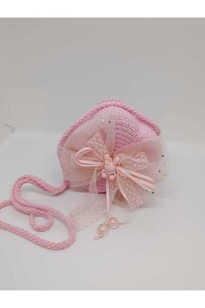 MODA Çocuk Hasır Örgülü Çanta - El ve Omuz Çantası-Papatya Şeklinde Tül Tokalı