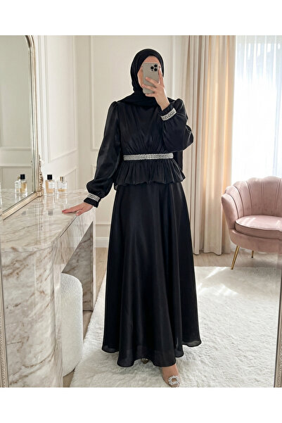 Modamorfo Beli Volan Detailed Stoned Janjan Satin Evening Dress - Black