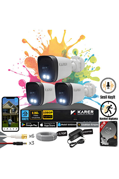 KARER Exitcam-3'lü AHD Güvenlik Kamera Seti-Gece Renkli- Su Geçirmez-Sesli Ka...