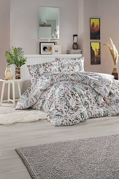 DemoHome Set lenjerie de pat dublu din bumbac satinat cu model - cearceaf pli...