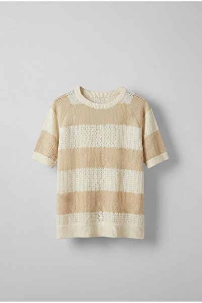 ablukaonline Pánske oversize pletené tričko s pruhovaným vzorom, béžové