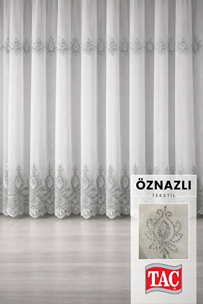 Taç Lüks Klasik Tül Perde – 5 Sıra Brode, Etek Brodeli, Sık Pileli Zarif Tasarım