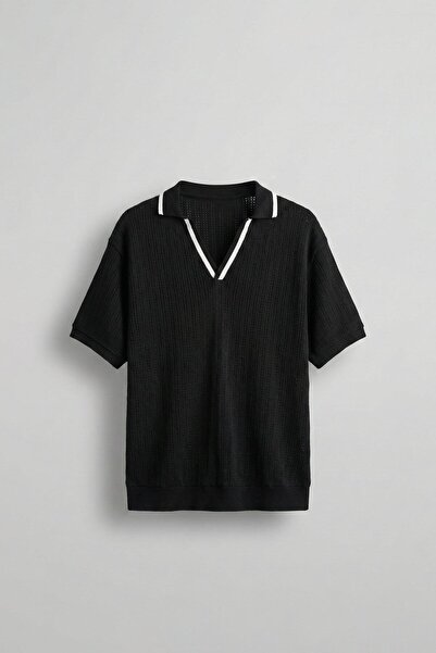 ablukaonline Erkek Yarım Pat V Yaka Desenli Triko T-Shirt Siyah Beyaz