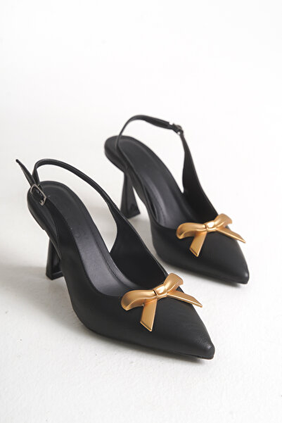 MARSEDO Kadın Stiletto Sivri Burun Fiyonklu Arkası Açık Topuklu Ayakkabı Leno...