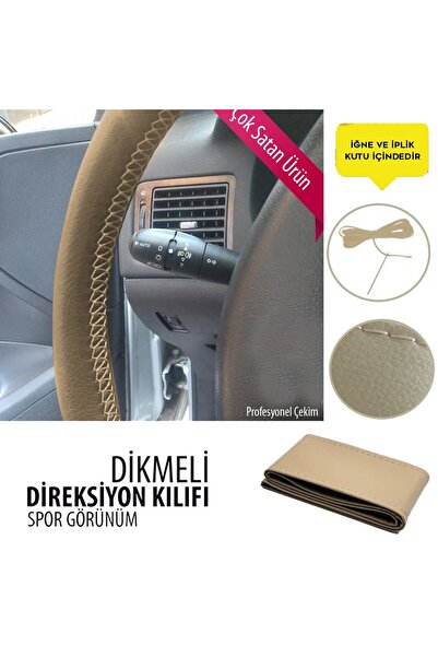 Leader Dikmeli Direksiyon Kılıfı Deri Bej Dikişli