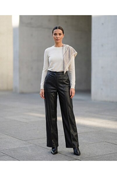 Grenj Fashion Μαύρο παντελόνι από συνθετικό δέρμα με ραφές, ψηλόμεσο, χαλαρή ...