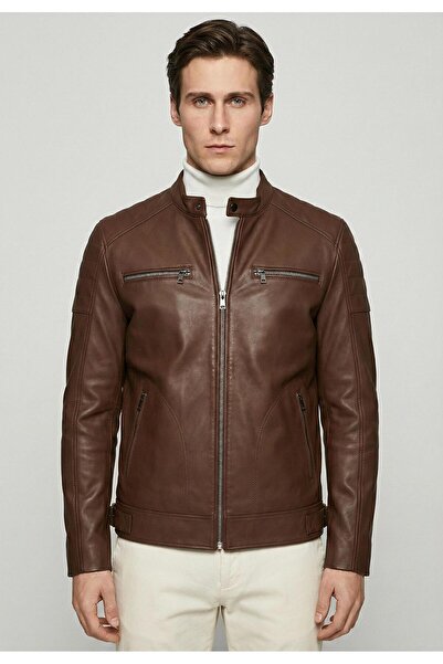 Felix Hardy سترة جلدية للرجال بسحاب وتصميم راكبي الدراجات النارية بلون الكستناء