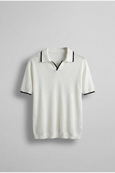 ablukaonline Ανδρικό πλεκτό μπλουζάκι με λαιμόκοψη εκρού