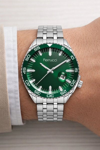 Ferrucci Men's Wristwatch with Calendar Steel Strap Steel Case Silver-Green Zmfer161