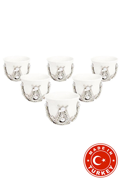 FARİKA طقم فناجين قهوة عربية ميرا لستة أشخاص بتفاصيل حجرية (أبيض) (صنع في تركيا)