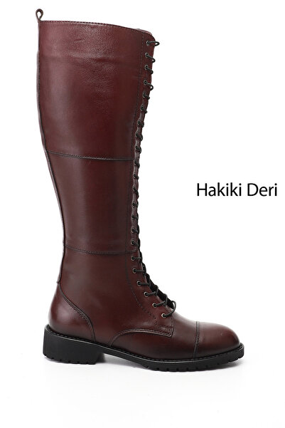 GÖNDERİ(R) Kadın Bordo Fermuarlı Kauçuk Taban Hakiki Deri Postal Çizme