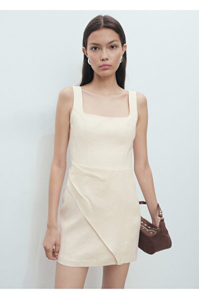 MANGO Woman Kısa keten pileli elbise