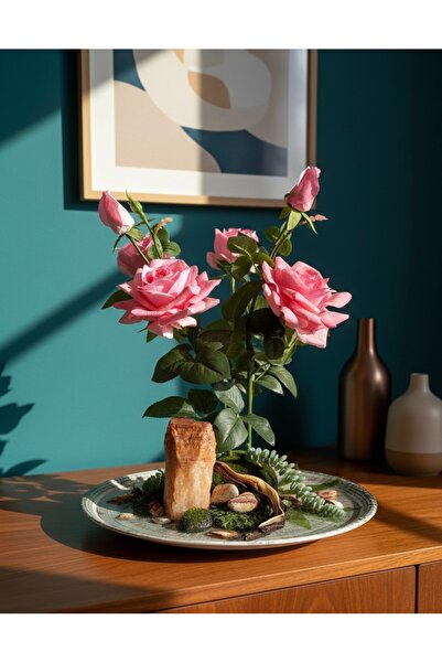 Flower Özel Tasarım Realistik Yapay Gül Tabağı | Kayaç ve Bitki Detaylı Ev De...