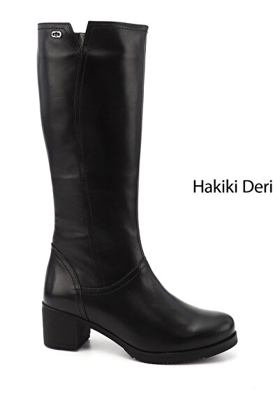 GÖNDERİ(R) Kadın Siyah Fermuarlı Kalın Topuklu Hakiki Deri Çizme