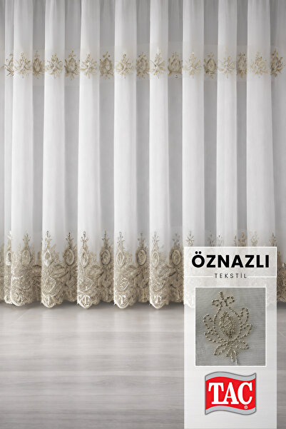 Taç Lüks Klasik Tül Perde – 5 Sıra Brode, Etek Brodeli, Sık Pileli Zarif Tasarım