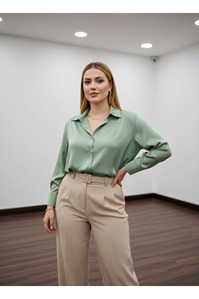 PERA MODA قميص كلاسيكي من الساتان الحريري مقاس كبير