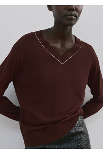 MANGO Woman Kontrast detaylı V yaka jarse kazak