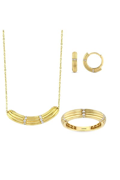 Assos Pırlanta Taşlı Tasarım Altın Set - 14K