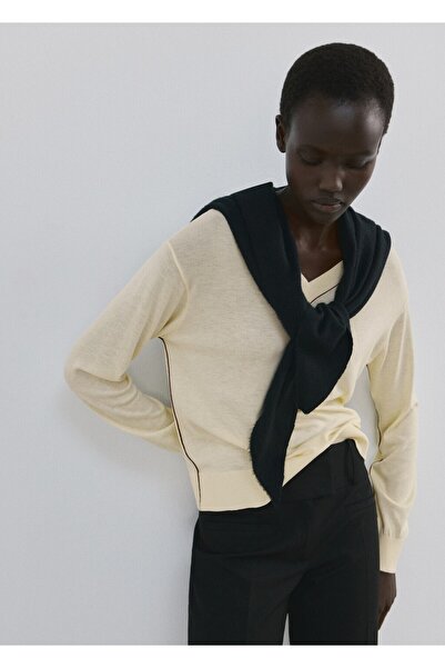 MANGO Woman Kontrast detaylı V yaka jarse kazak