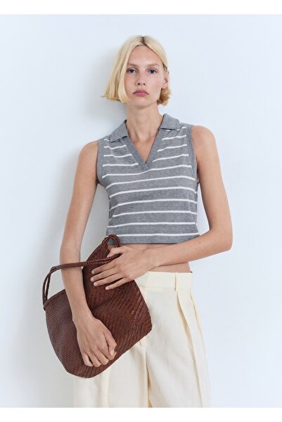 MANGO Woman Çizgili crop polo gömlek