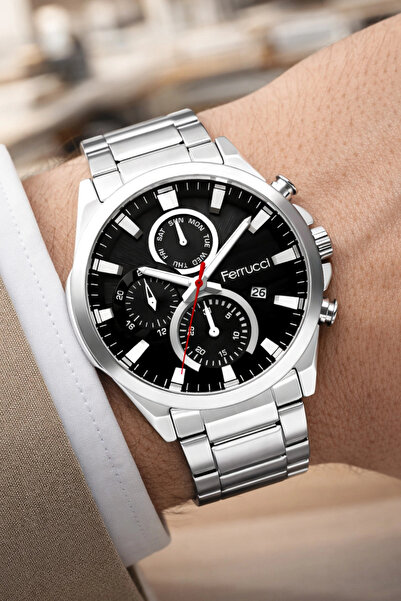 Ferrucci Takvimli Erkek Kol Saati Çelik Kordon Çelik Kasa 3 atm suya Dayanıkl...