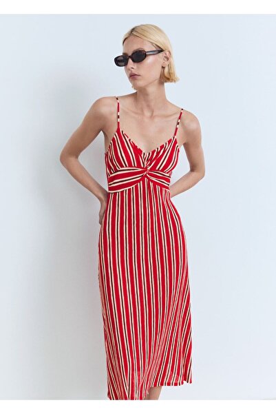 MANGO Woman Çizgili büzgülü elbise