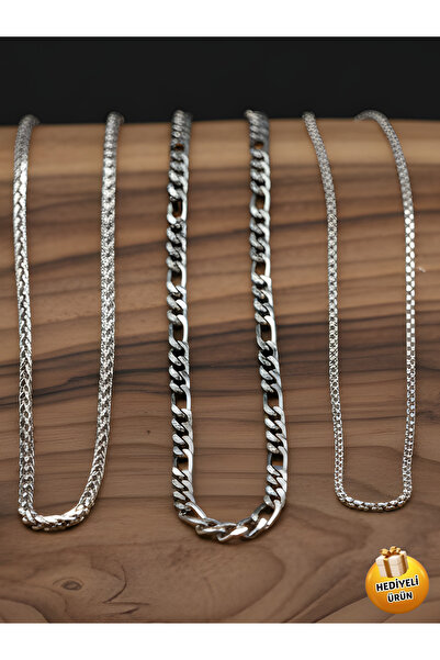 Piercing Market Steel & Silver 3'lü Unisex Burgu Örgü Ve Figaro Zincir Kolye ...