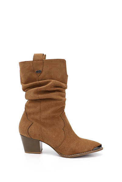 GÖNDERİ(R) Kadın Taba Süet Sivri Burun Kalın Topuklu Kovboy Çizme