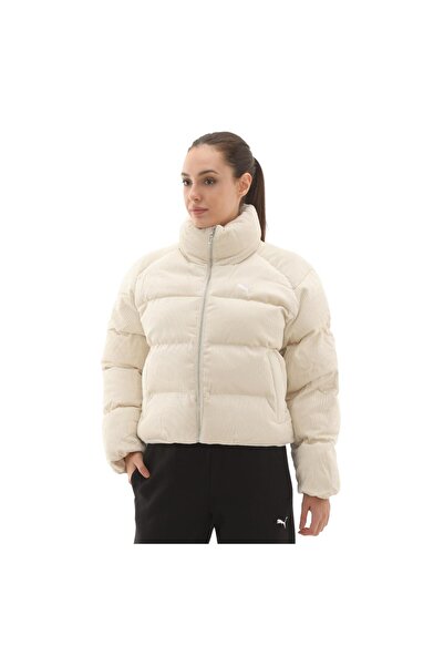 Puma 632171-87 سترة منفوخة من القطيفة المضلعة للنساء معطف كريمي اللون