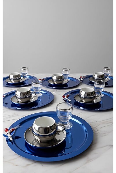 SİNİ Zeytin Dalı Aksesuarlı Paslanmaz Çelik 6 Adet Yuvarlak Lüx Mavi Kahve, Ç...