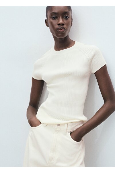 MANGO Woman Kısa kollu ribana örgü jarse tişört