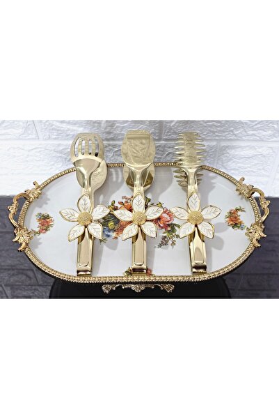 atabey home Gold Servis Maşa Seti 3'lü Papatya Beyaz/makarna/pasta/yemek/sunu...