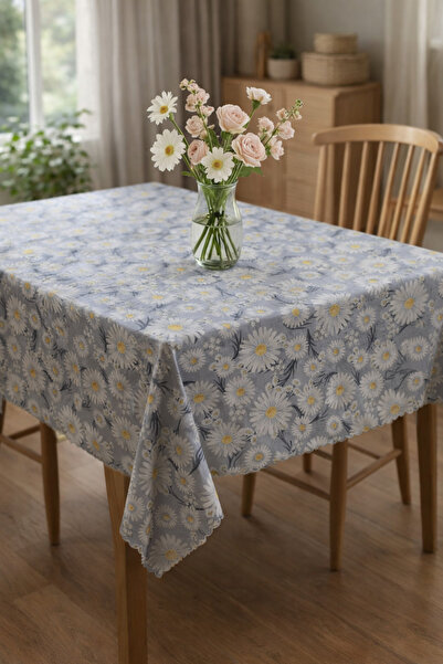 Rona Home Gray Daisy Patterned Digital Print Tablecloth Stain Resistant Quali...