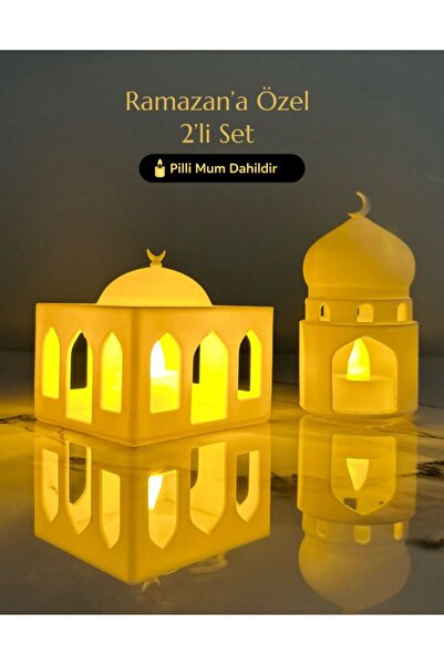 3DAKSESUAR Ramazan Temalı Cami Minare Mescit Kubbe Figürü İkili Set Işıklı Pi...