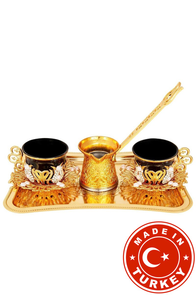 FARİKA طقم تقديم قهوة سوداء لشخصين بتفاصيل حجرية، إبريق وصينية (ذهبي) (صنع في...