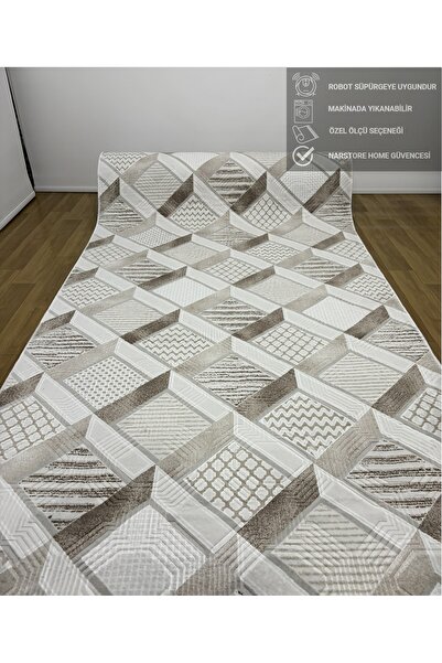 NaRStore Home Dinar Motif Bej Kahverengi Kaymaz Taban Kesme Yolluk Halı Moder...