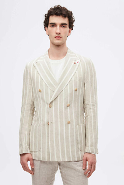 Twn سترة من القماش البيج دوبي 100% من الكتان بقصة ضيقة