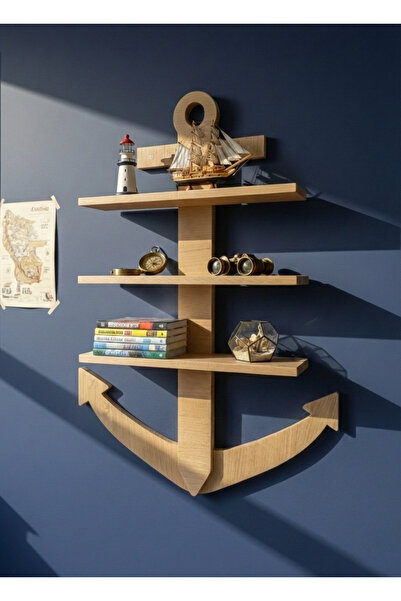 Wooden Factory Deniz Çapası Tasarımlı Dekoratif Duvar Rafı 68x96 cm, Çok Amaç...