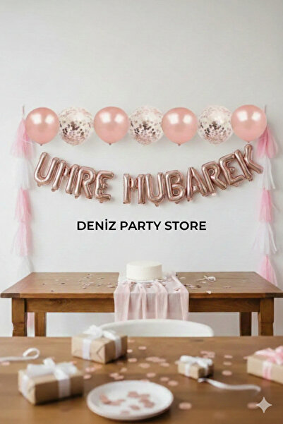 Deniz Party Store Rose Gold Umre Mubarek Şeffaf Konfetili Folyo Balon Set